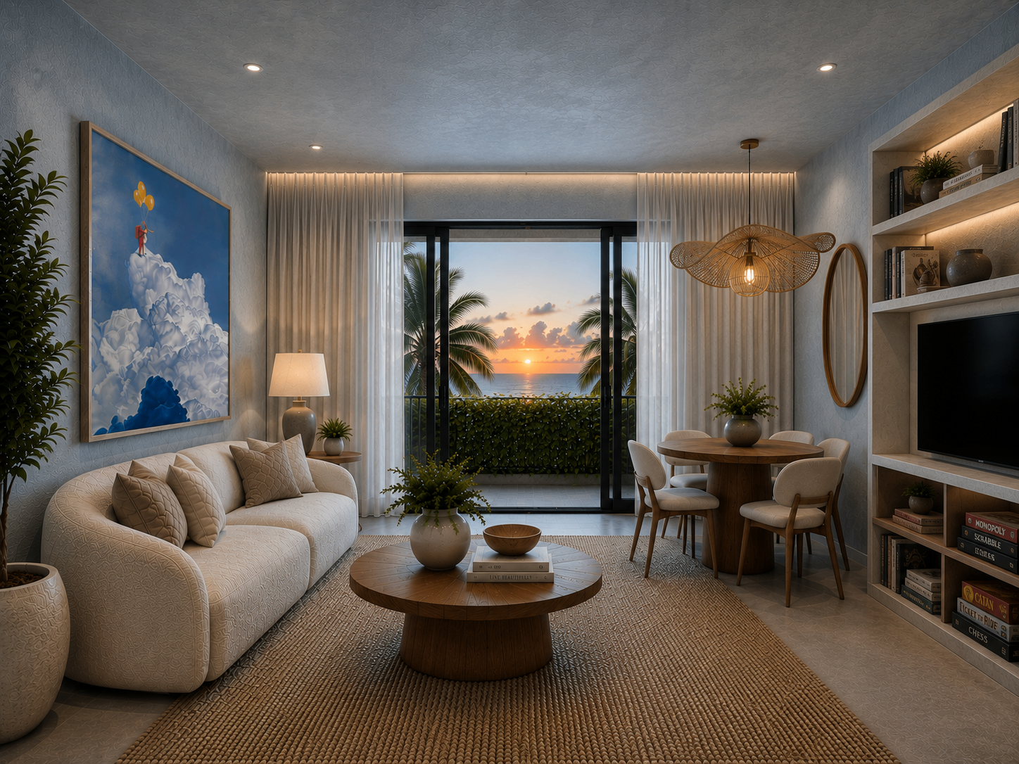Living room of a Building 71 residence at sunset